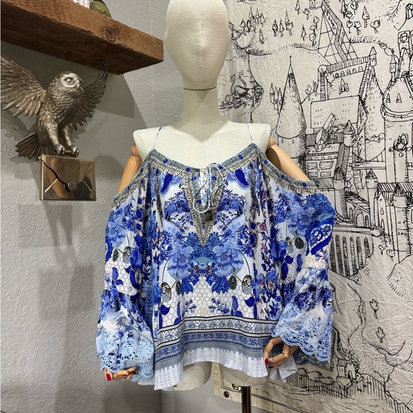 Camilla Blue and White Embellished Cut Out Blouse - Picture 1 of 9